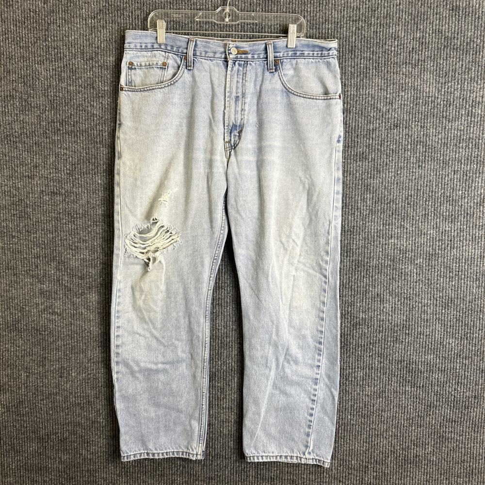 Levis Mens 505 Straight Leg Jeans Size 38 Blue Light Wash Distressed Denim Y2K